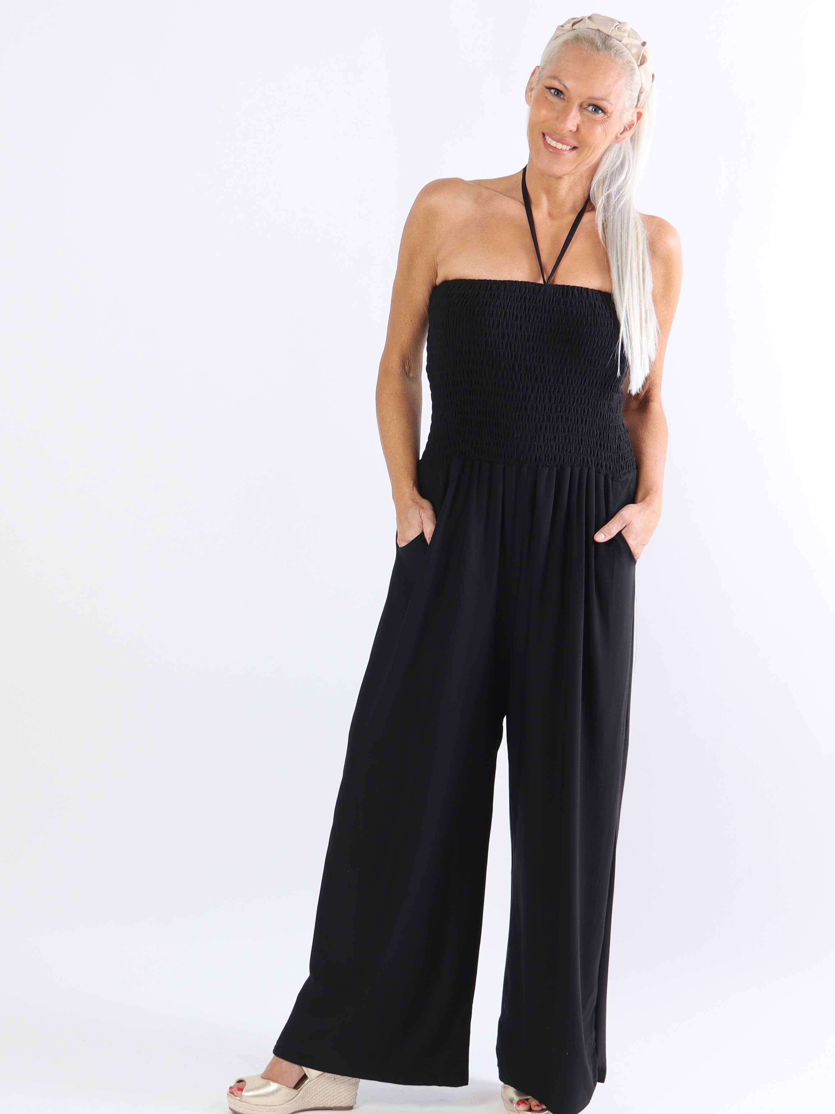 Pams Plain Tube Jumpsuit - Elastisk plus size buksedragt med smock ved brystet